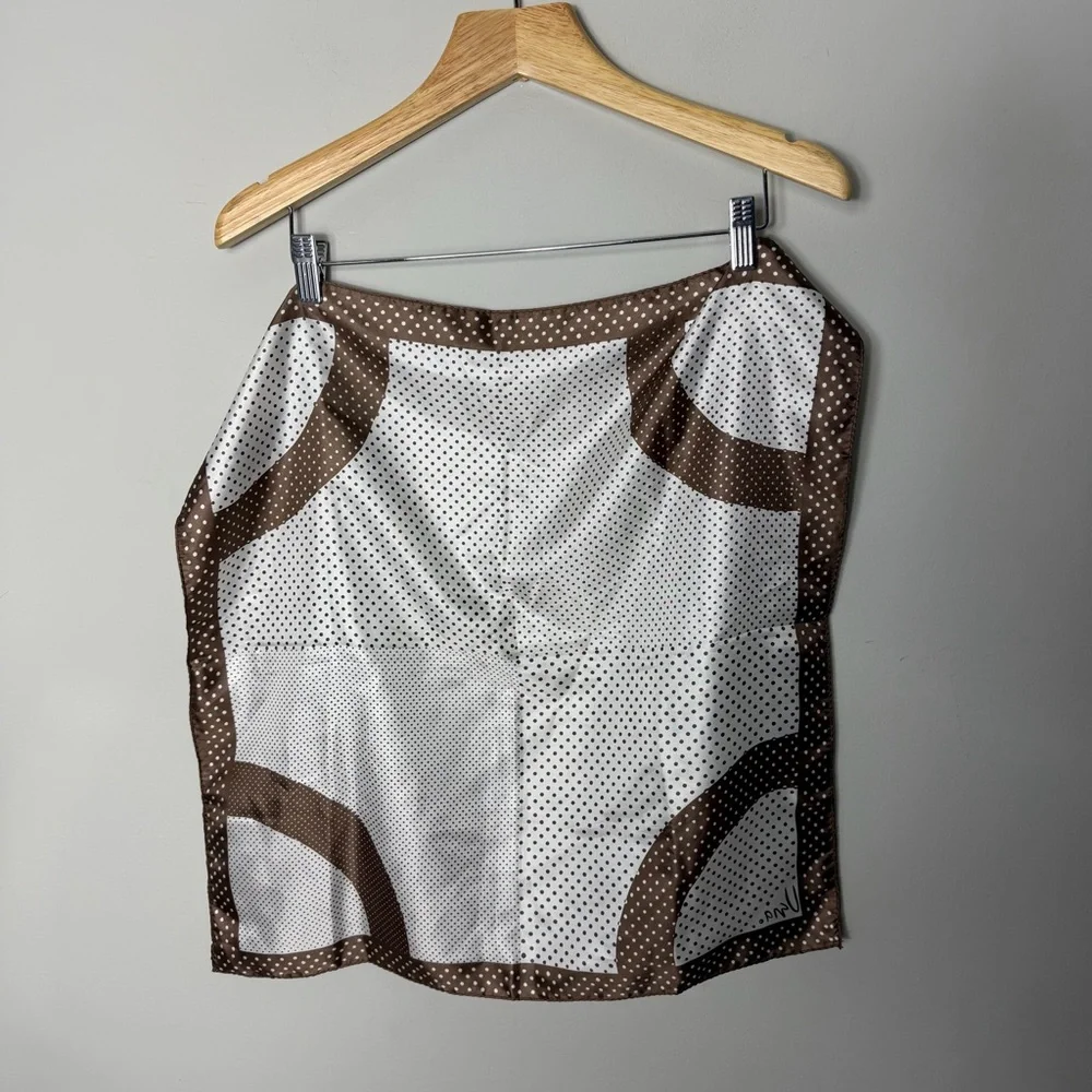 Vera Vintage Silky Scarf Square Chocolate Brown White Polka Dot